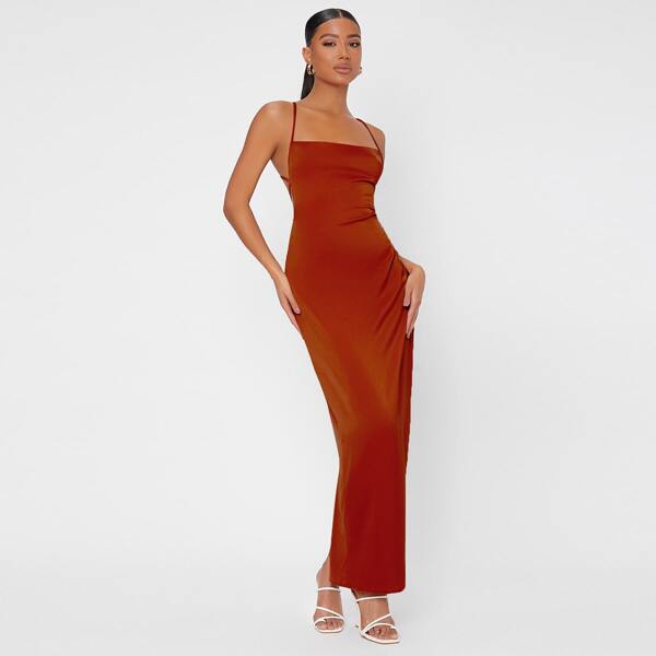 

Solid Criss Cross Tie Backless Dress, Burnt orange