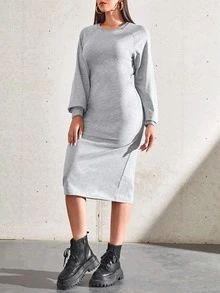 1 pieza Vestido sudadera con abertura trasera - Gris Claro - Ver 6
