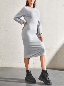 1 pieza Vestido sudadera con abertura trasera - Gris Claro - Ver 5