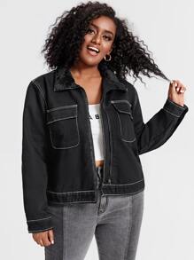 Áo Jacket Denim Plus Size Túi Dây kéo màu trơn Giải trí - màu đen - Xem 1