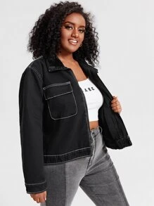 Áo Jacket Denim Plus Size Túi Dây kéo màu trơn Giải trí - màu đen - Xem 3