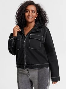 Áo Jacket Denim Plus Size Túi Dây kéo màu trơn Giải trí - màu đen - Xem 4