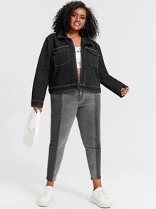 Áo Jacket Denim Plus Size Túi Dây kéo màu trơn Giải trí - màu đen - Xem 5