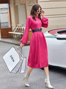 Seusyu 燈籠袖褶皺下擺不附腰帶衛衣連衣裙 - 玫紅色 - 查看 1