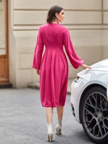 Seusyu 燈籠袖褶皺下擺不附腰帶衛衣連衣裙 - 玫紅色 - 查看 2