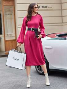 Seusyu 燈籠袖褶皺下擺不附腰帶衛衣連衣裙 - 玫紅色 - 查看 3