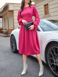 Seusyu 燈籠袖褶皺下擺不附腰帶衛衣連衣裙 - 玫紅色 - 查看 4