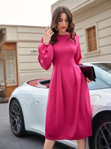 Seusyu 燈籠袖褶皺下擺不附腰帶衛衣連衣裙 - 玫紅色 - 查看 6