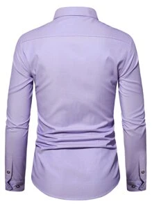 Manfinity Mode Men Patched Pocket Button Up Casual Long Sleeve Shirt For Boyfriend Gift, Fall - Lilac Purple - View 2