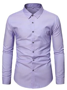 Manfinity Mode Men Patched Pocket Button Up Casual Long Sleeve Shirt For Boyfriend Gift, Fall - Lilac Purple - View 3