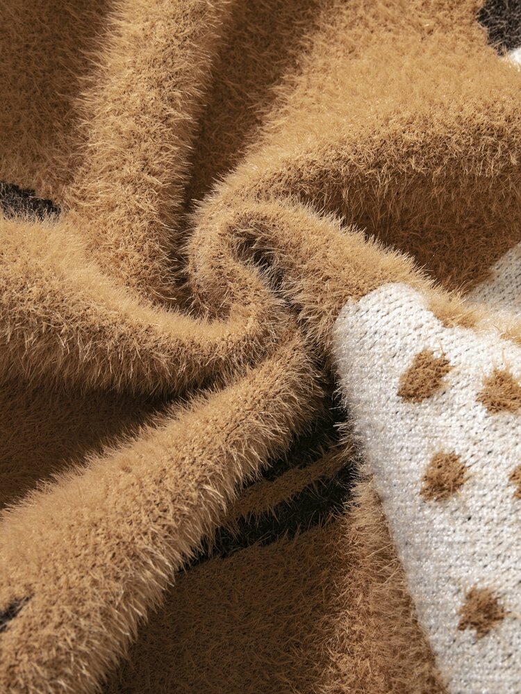 小女童鹿圖案絨毛針織套頭毛衣 - 棕色 - 查看 5