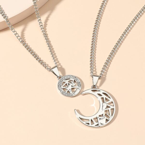 

2pcs Moon & Round Pendant Necklace, Silver
