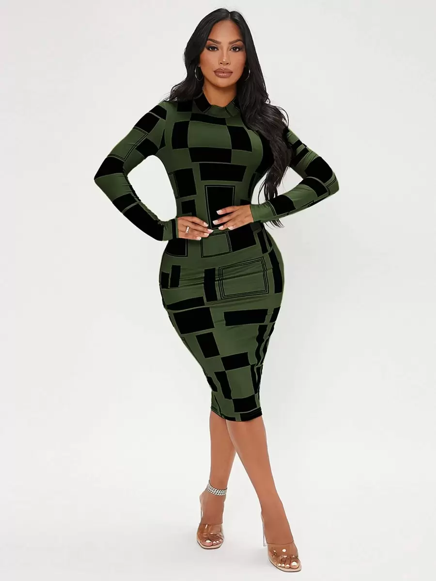 SHEIN SXY 幾何印花小高領緊身洋裝 - 彩色 - 查看 1