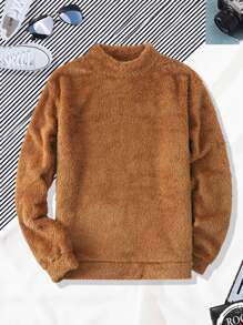 Manfinity Men Solid Mock Neck Teddy Sweatshirt - Brown - View 1