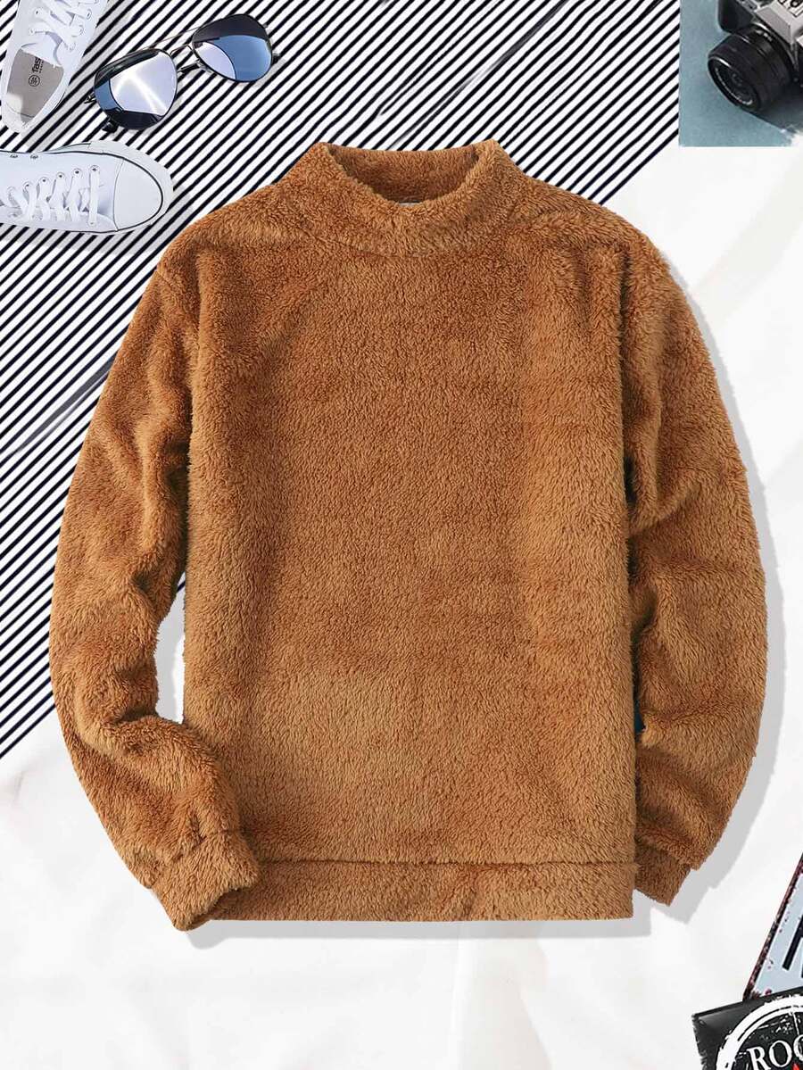 Manfinity Men Solid Mock Neck Teddy Sweatshirt - Brown - View 1