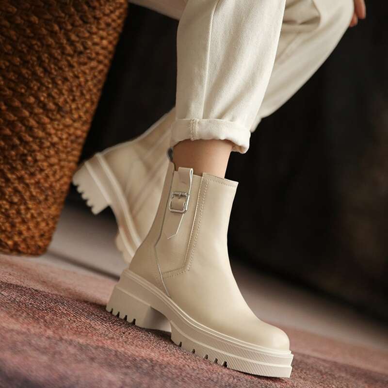 

Buckle Decor Combat Boots, Beige