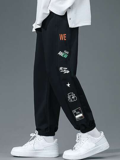 Manfinity Hypemode Men Letter And Bear Print Patch Detail Sweatpants