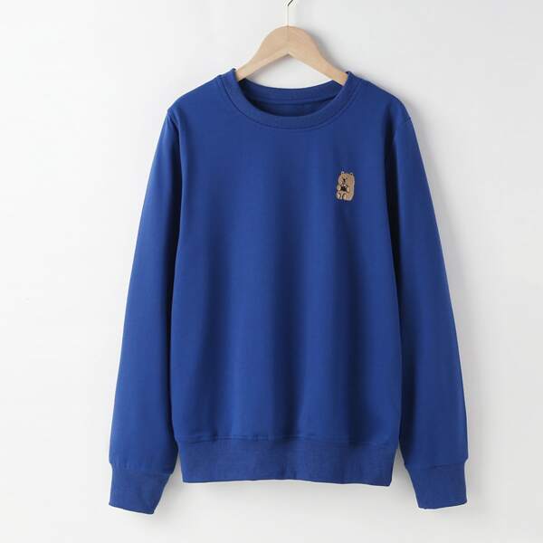 

Cartoon Bear Embroidery Drop Shoulder Sweatshirt, Royal blue