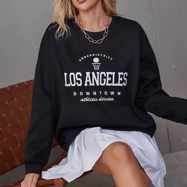 

Letter & Basketball Print Drop Shoulder Sweatshirt, Black