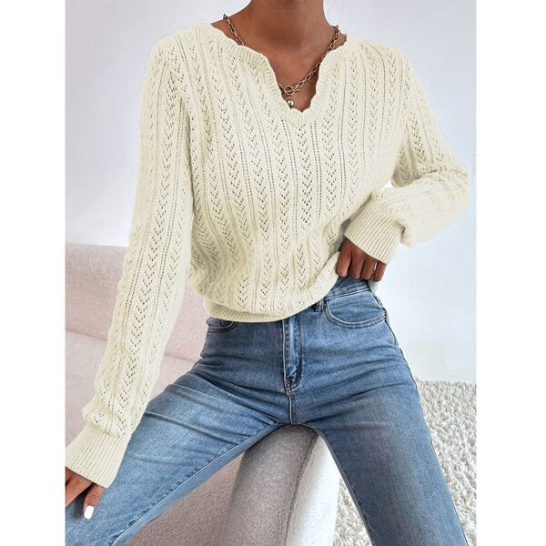 

Solid Notched Neck Sweater, Beige