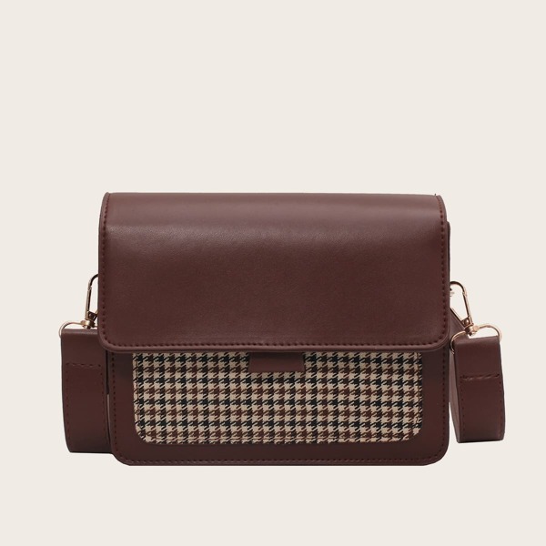 

Houndstooth Pattern Flap Square Bag, Coffee brown