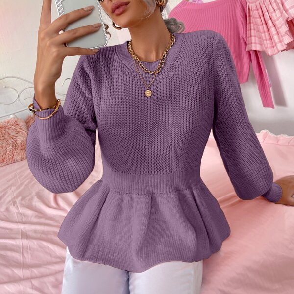 

Peplum Hem Bishop Sleeve Sweater, Purple