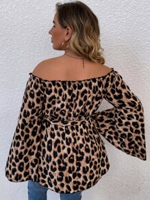 SHEIN LUNE Plus Leopard Print Off Shoulder Flounce Sleeve Belted Blouse - Multicolor - View 2