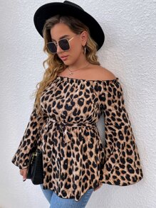 SHEIN LUNE Plus Leopard Print Off Shoulder Flounce Sleeve Belted Blouse - Multicolor - View 3