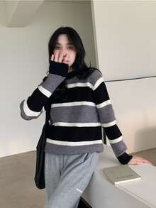 拼色條紋落肩袖套頭衫毛衣 - 彩色 - 查看 2