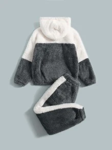 SHEIN 男孩撞色袋鼠口袋法蘭絨連帽衫和束腳褲 - 深灰色 - 查看 2