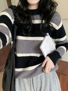 拼色條紋落肩袖套頭衫毛衣 - 彩色 - 查看 3