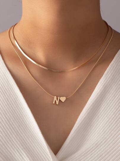 1入組心和字母裝飾多層次項鍊銅首飾類