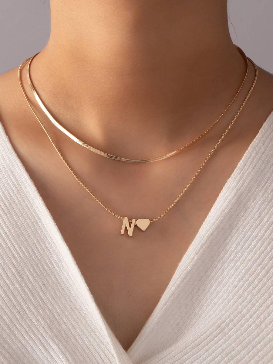 1pc Heart & Letter Decor Layered Necklace Copper Jewelry - Yellow Gold - View 1