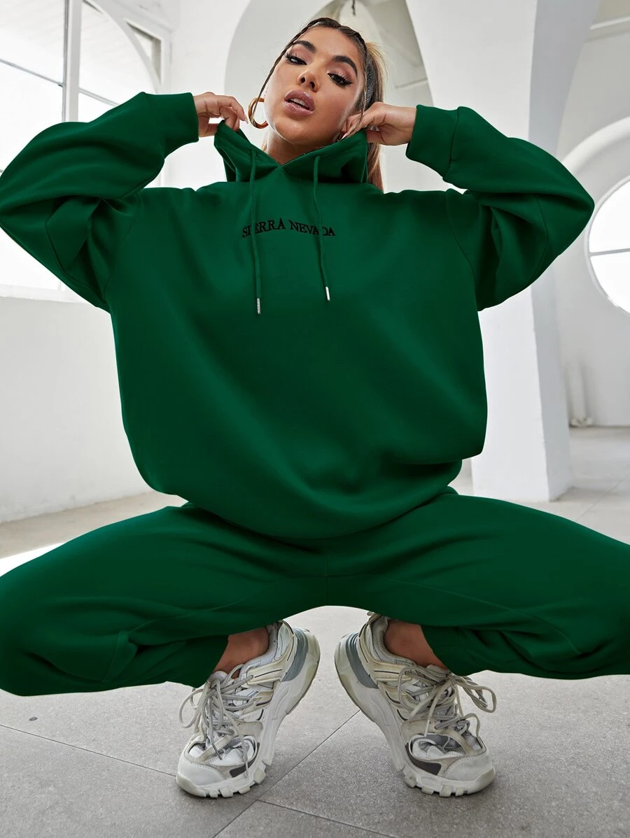 SHEIN Unity Letter Embroidery Drop Shoulder Hoodie & Joggers - Dark Green - View 1