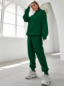 SHEIN Unity Letter Embroidery Drop Shoulder Hoodie & Joggers - Dark Green - View 3