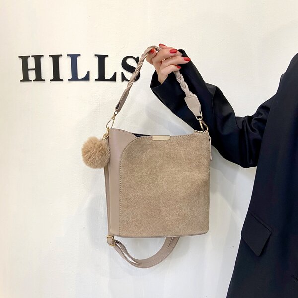 

Pom-Pom Decor Bucket Bag, Khaki
