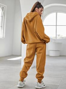 SHEIN Unity 字母刺繡落肩袖連帽衫和衛褲 - 薑色 - 查看 2