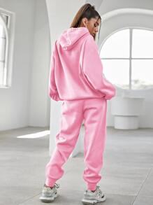 SHEIN Unity 女式字母刺绣落肩长袖抽绳连帽衫和运动裤休闲套装，秋冬 - 粉色 - 查看 2