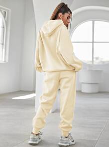 SHEIN Unity 字母刺繡落肩袖連帽衫和衛褲 - 杏色 - 查看 2