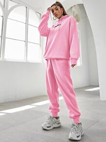 SHEIN Unity 女式字母刺绣落肩长袖抽绳连帽衫和运动裤休闲套装，秋冬 - 粉色 - 查看 4