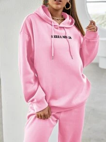 SHEIN Unity 女式字母刺绣落肩长袖抽绳连帽衫和运动裤休闲套装，秋冬 - 粉色 - 查看 5