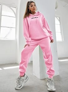 SHEIN Unity 女式字母刺绣落肩长袖抽绳连帽衫和运动裤休闲套装，秋冬 - 粉色 - 查看 6