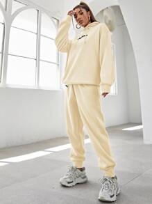 SHEIN Unity 字母刺繡落肩袖連帽衫和衛褲 - 杏色 - 查看 4