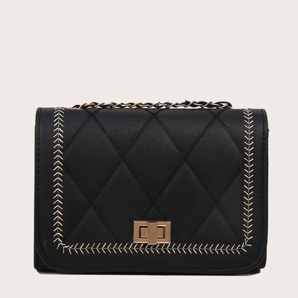 

Twist Lock Textured Flap Square Bag, Black