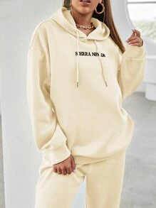 SHEIN Unity 字母刺繡落肩袖連帽衫和衛褲 - 杏色 - 查看 6