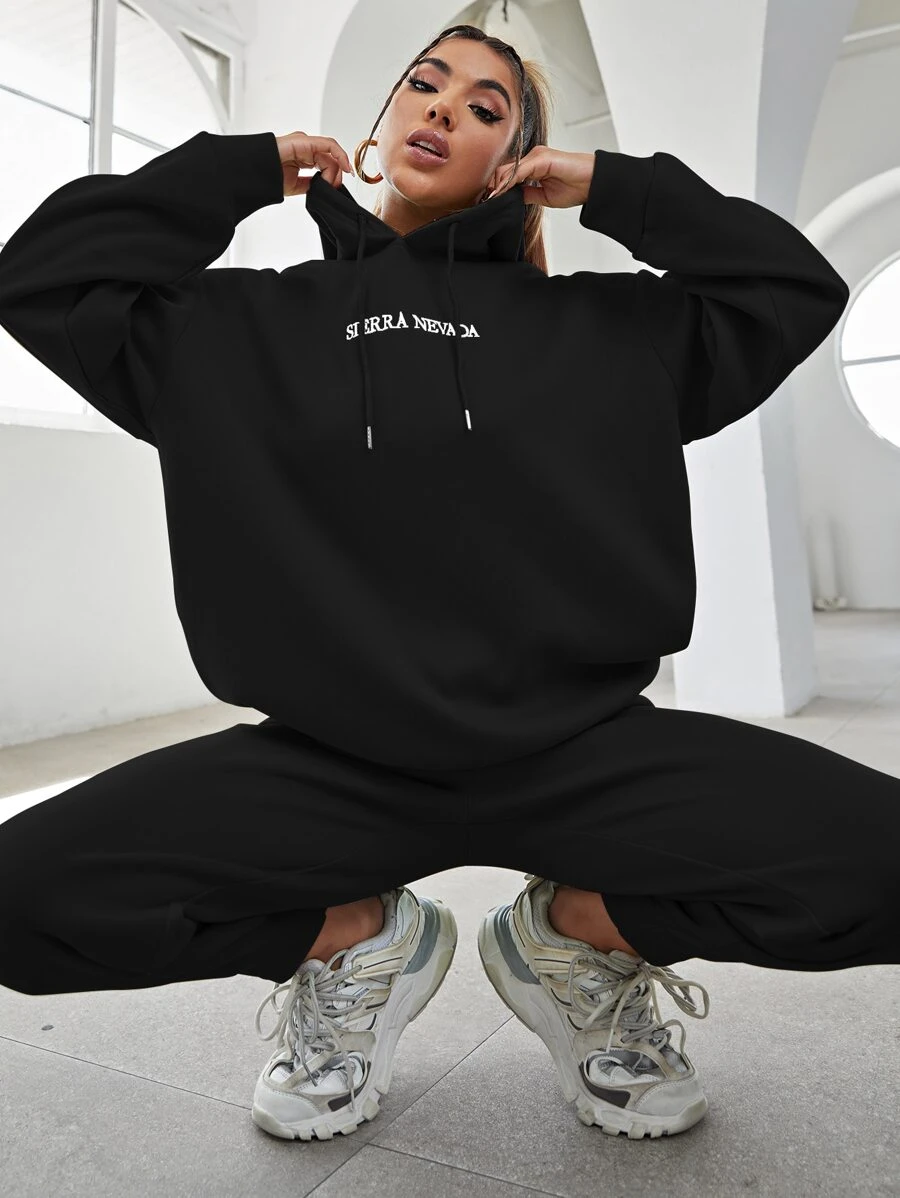 SHEIN Unity Letter Embroidery Drop Shoulder Hoodie & Joggers - Black - View 1