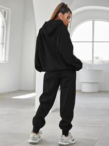 SHEIN Unity Letter Embroidery Drop Shoulder Hoodie & Joggers - Black - View 2