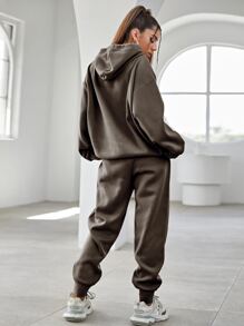 SHEIN Unity Letter Embroidery Drop Shoulder Hoodie & Joggers - Chocolate Brown - View 2