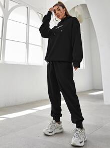 SHEIN Unity Letter Embroidery Drop Shoulder Hoodie & Joggers - Black - View 3