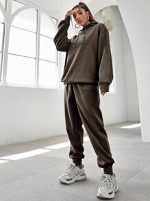 SHEIN Unity Letter Embroidery Drop Shoulder Hoodie & Joggers - Chocolate Brown - View 3